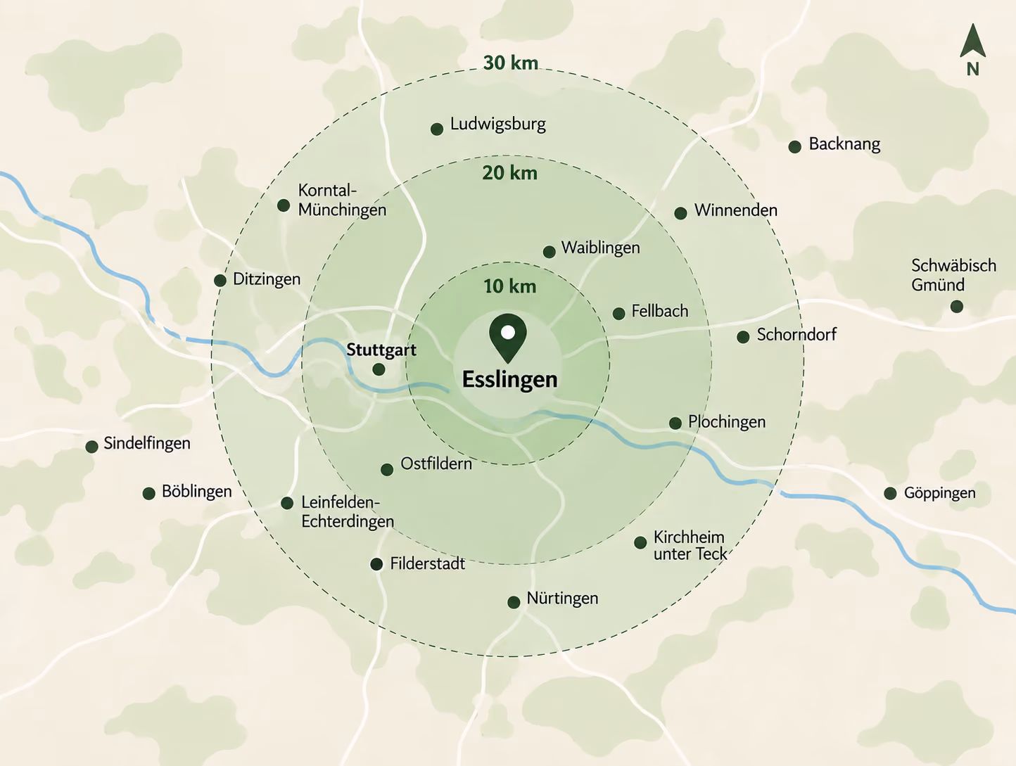 Schematische Karte: Einsatzgebiet rund 25 km um Esslingen, mit Aichwald und Umgebung